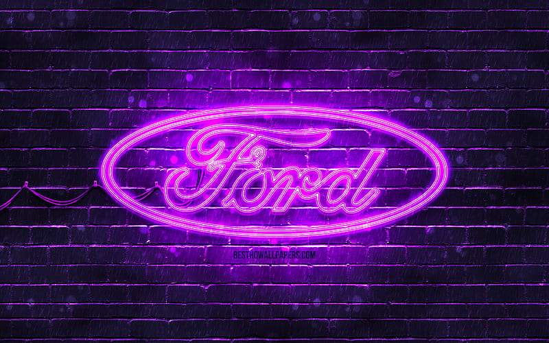 Ford violet logo violet brickwall, Ford logo, cars brands, Ford neon logo, Ford, HD wallpaper