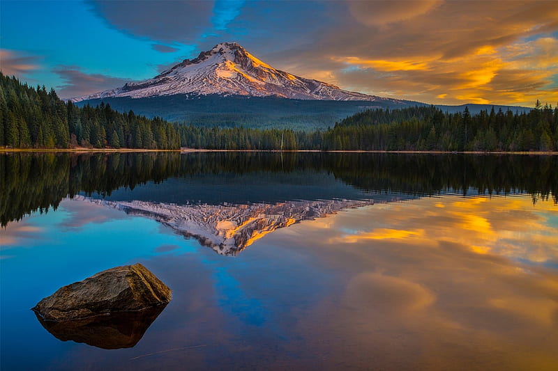 Trillium Lake, Oregon, forest, bonito, sky, clouds, lake, mountain, snowy peak, sunrise, reflection, tranquility, HD wallpaper