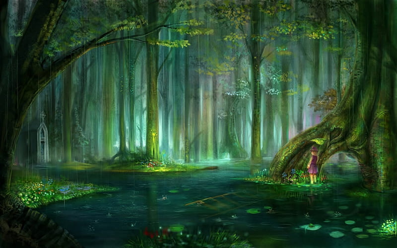 Enchanted forest, forest, grass, magic, creek, trees, abstract, water, green, aqua, river, enchanted, HD wallpaper