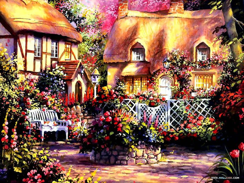 The Cottage Next Door, fence, cottages, painting, chairs, flowers, HD wallpaper