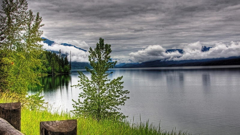 fantastic lakescape r, parted, mountains, r, trees, clouds, sky, vast, lake, HD wallpaper
