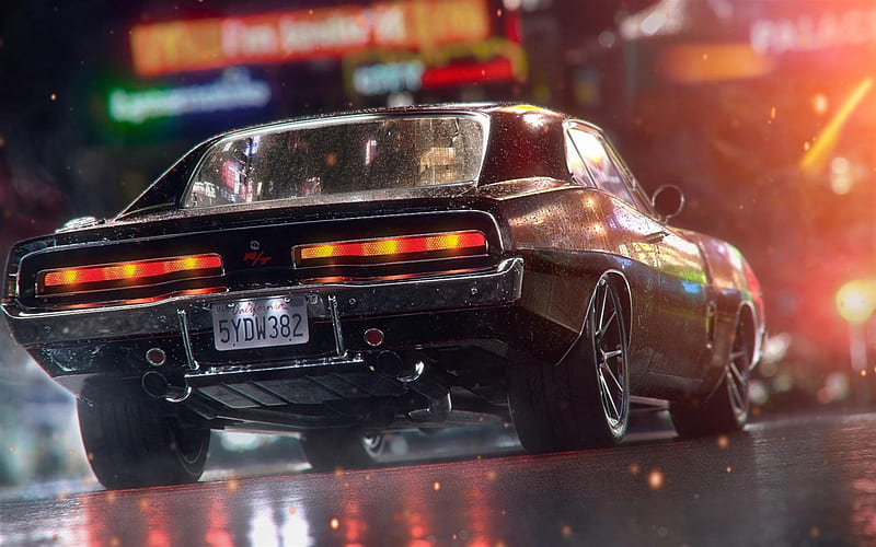 Dodge Charger RT, artwork, 1968 cars, muscle cars, rain, Dodge Charger, retro cars, Dodge, HD wallpaper