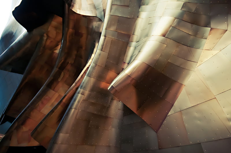 Glossy sheets of metal form abstract shapes in the Experience Music Project Museum, HD wallpaper