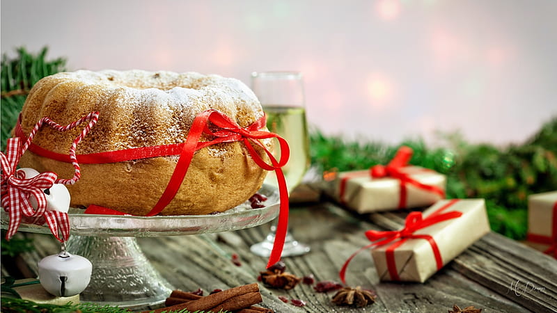 Bundt Cake, cake, Christmas, holidays, desert, New Years, cinnamon sticks, gifts, HD wallpaper