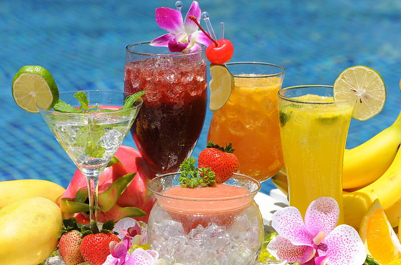 Beach Drinks, glass, juice, fruits, foodstuff, sea, HD wallpaper