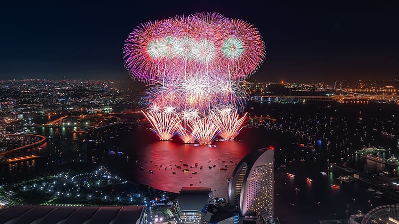 Night, Building, Japan, Cityscape, Fireworks, , Yokohama, HD wallpaper