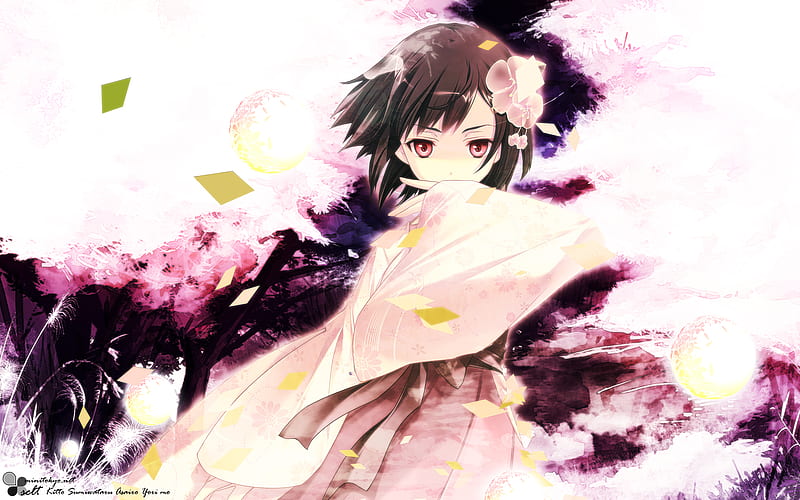 Kitto Sumiwataru Asairo Yori mo, short hair, brown hair, flowers, kimono, red eyes, HD wallpaper