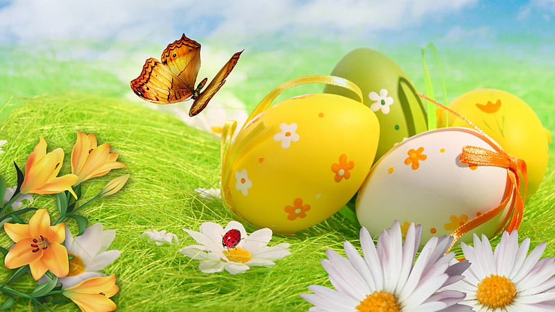 Green and Yellow for Easter, grass, easter eggs, lilies, yellow, firefox persona, sky, daisies, green, field, HD wallpaper