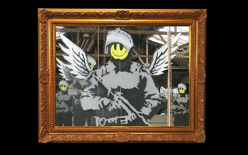 Banksy Riot Police, art, cops, banksy, angel, smiley, riot, police, graffiti, HD wallpaper