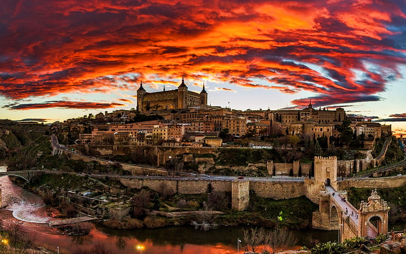 Toledo, sunset, spanish cities, river, evening, Spain, Europe, Toledo in evening, HD wallpaper