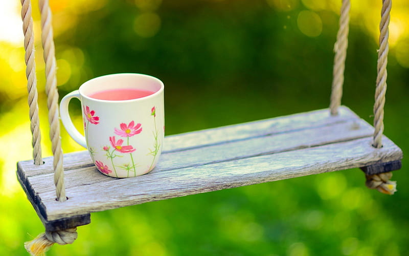 Tea Time, bokeh, splendor, green, cup, spring, tea, cup of tea, HD wallpaper