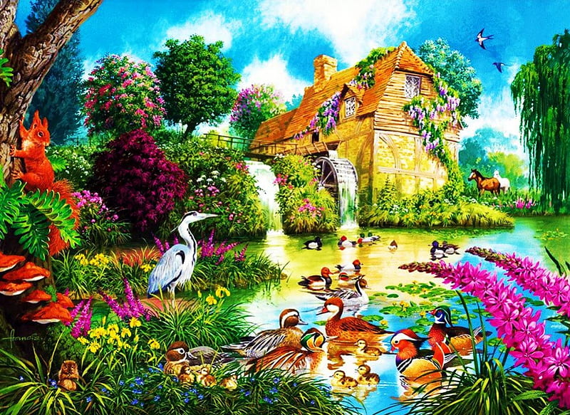 The Old Watermill, pond, squirrel, painting, ducks, birds, flowers, garden, horses, HD wallpaper