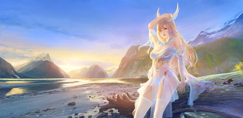 Goddess of Youth, rocks, pretty, fantasy woman, dress, bonito, sunset, woman, sea, beach, fantasy, long hair, blue, art, female, blonde hair, sky, abstract, water, lady, white, coast, HD wallpaper