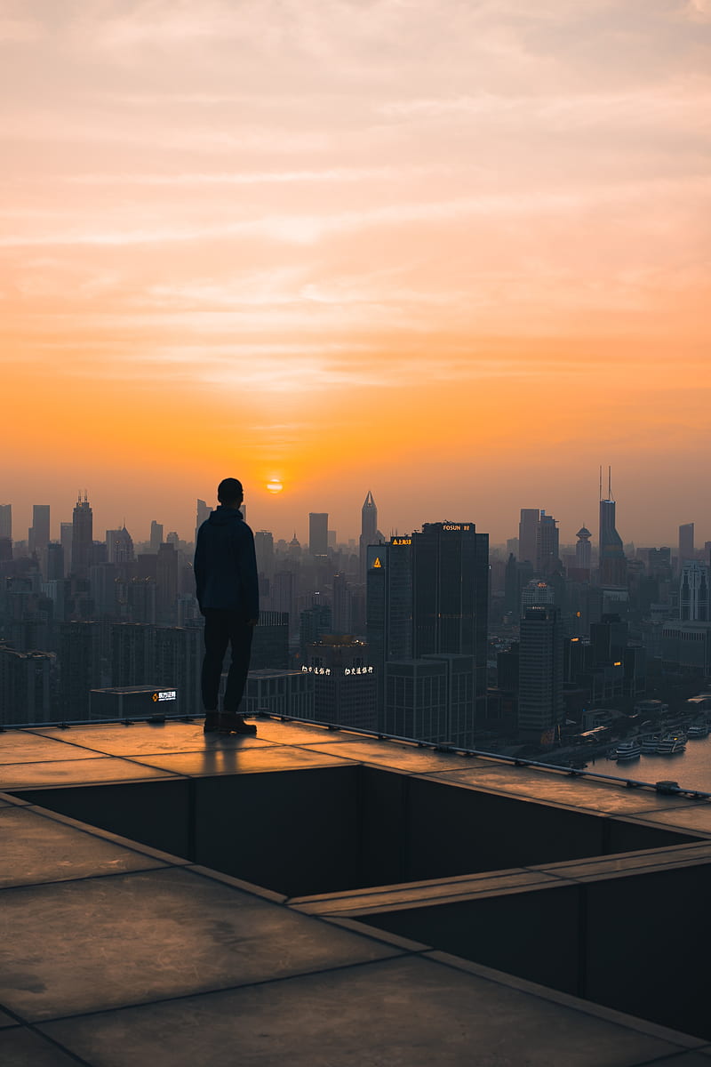 lonely man, sunset, skyscrapers, rooftop, City, HD phone wallpaper