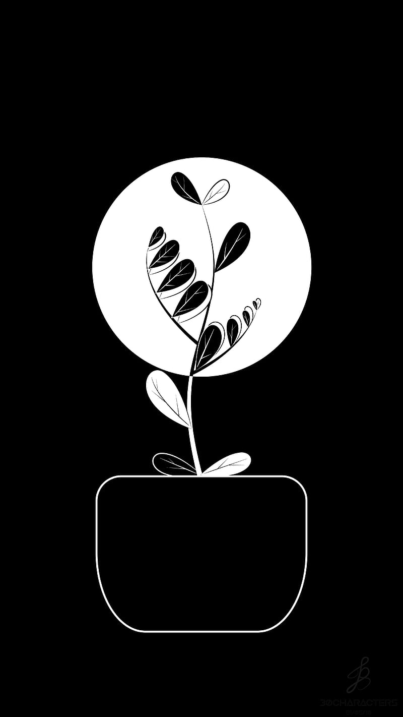Flourish, black, black and white, dark, minimalist, monochrome, moon, nature, plant, shadow, silhouette, HD phone wallpaper