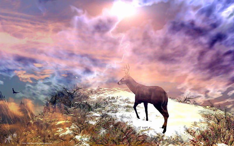 Higher Than Wings, mountain, colorful, 3d, 3d and cg, graphics, light, deer, HD wallpaper