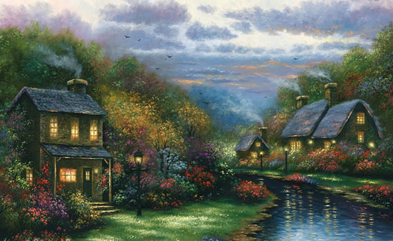 amazing place, paintings, oil, houses, nature, bonito, artwork, rivers, HD wallpaper