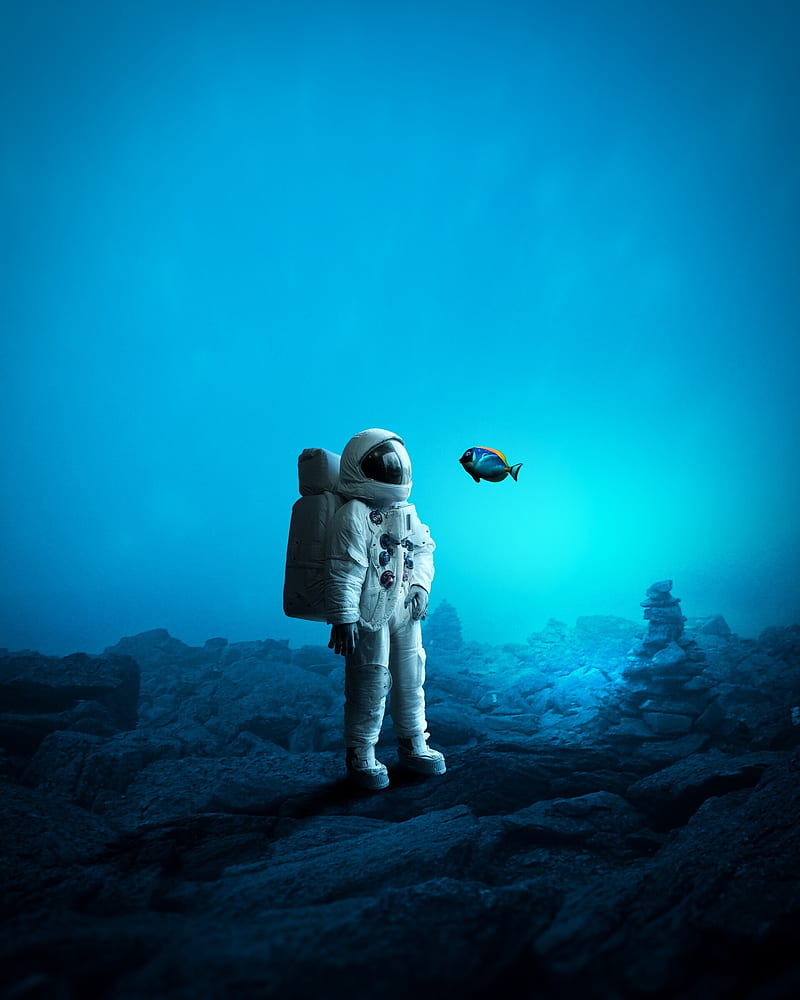 astronaut, underwater, fish, art, HD phone wallpaper