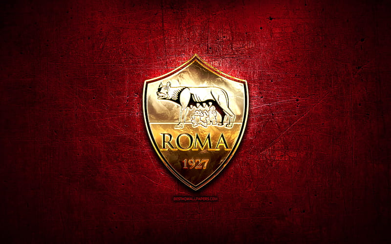 AS Roma, golden logo, Serie A, purple abstract background, soccer, italian football club, Roma logo, football, Roma FC, Italy, HD wallpaper