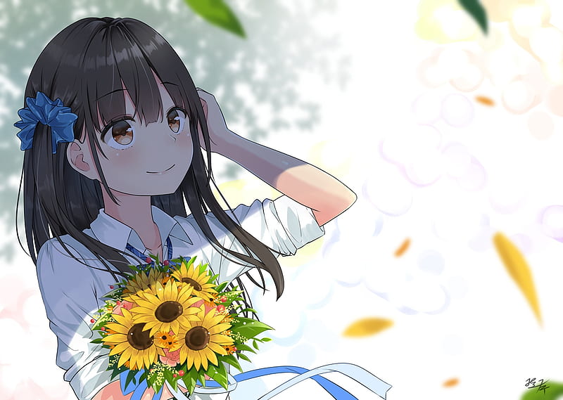 anime girl, sunflowers, brown hair, summer, school uniform, Anime, HD wallpaper