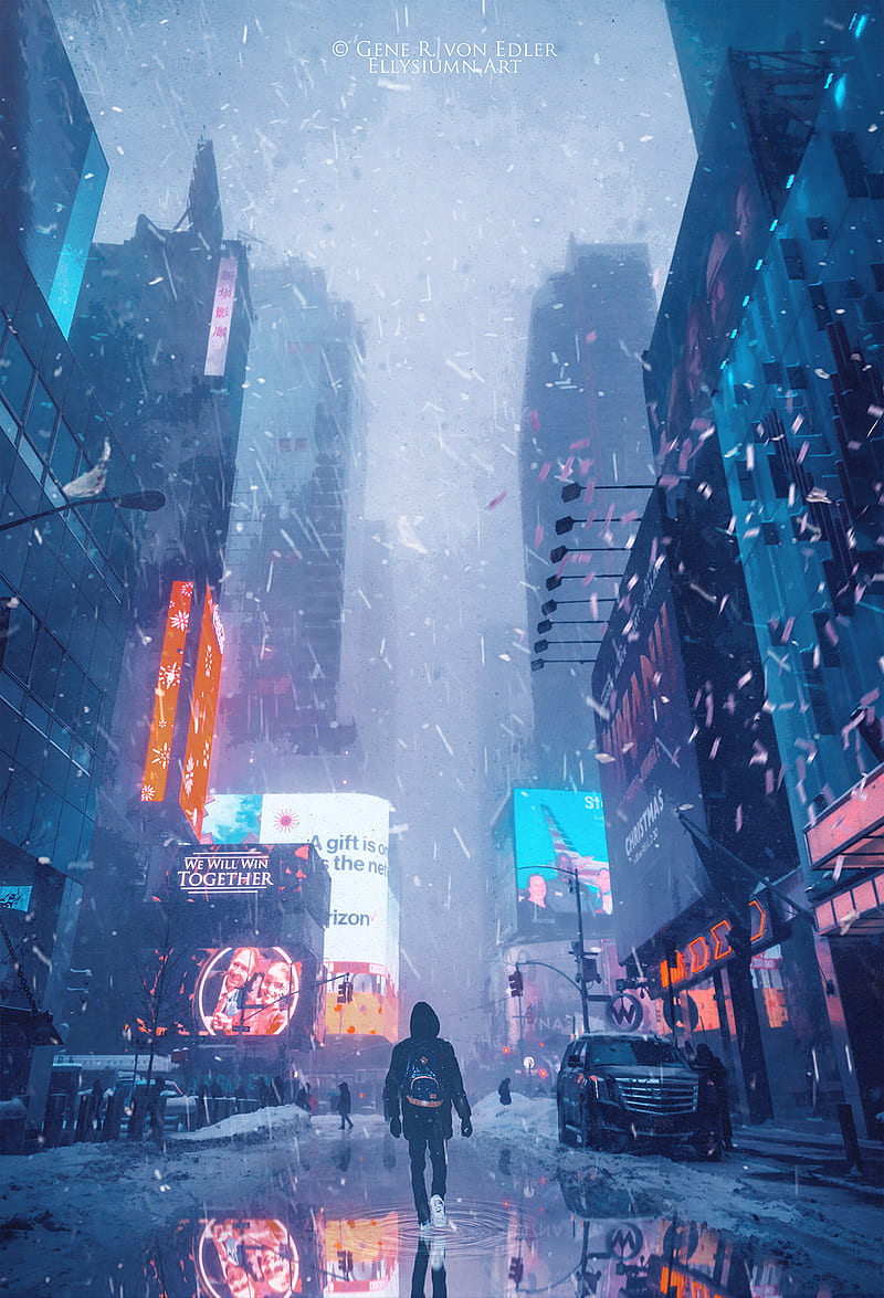 Winter Night, building, city, man, neon, new york, night, snow, street,  winter, HD phone wallpaper | Peakpx