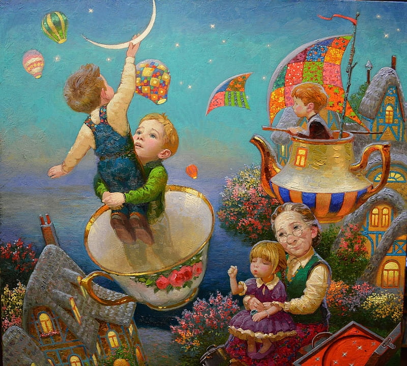 :), victor nizovtsev, grandmother, art, luminos, moon, children, teapot, fantasy, moon, cup, copil, painting, pictura, HD wallpaper