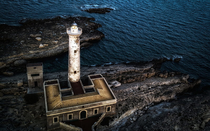 Augusta, Sicily, old lighthouse, island, coast, mediterranean sea, Italy, HD wallpaper