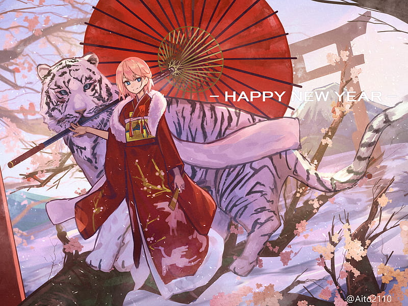 Anime, Girl, Happy New Year, Kimono, Tiger, HD wallpaper | Peakpx