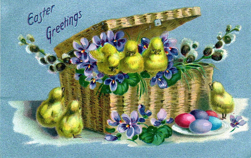 Happy Easter!, flower, yellow, pansy, easter, chicks, vintage, card, blue, egg, HD wallpaper
