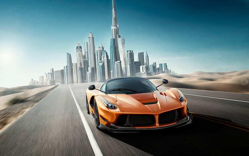 Dubai, Ferrari LaFerrari, road, supercars, orange LaFerrari, Ferrari, HD wallpaper