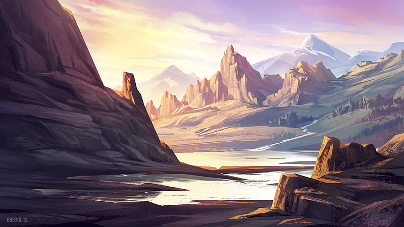 rocks, mountains, peaks, lake, art, HD wallpaper