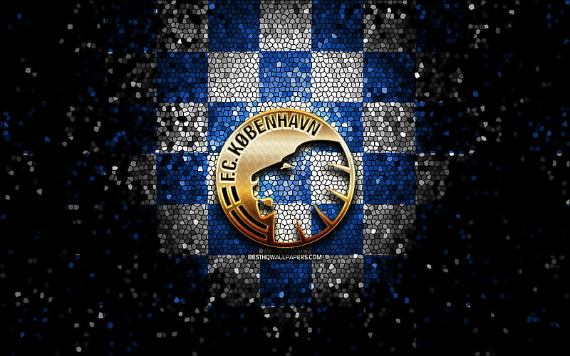 Copenhagen FC, glitter logo, Danish Superliga, blue white checkered background, soccer, danish football club, FC Copenhagenlogo, mosaic art, football, FC Copenhagen, HD wallpaper