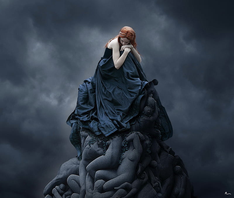 Tears of stone, black stormy sky, black dress, memorial, weeping, lost souls, bodies, woman, HD wallpaper