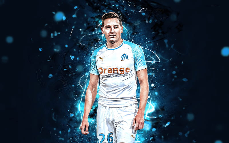 Florian Thauvin, white uniform, Olympique Marseille FC, french footballers, soccer, Ligue 1, Thauvin, football, neon lights, France, HD wallpaper