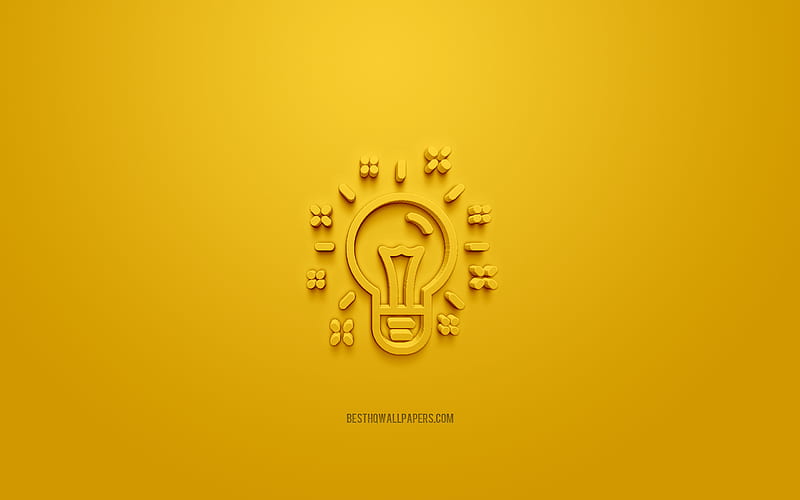 Idea 3d icon, yellow background, 3d symbols, Idea light bulb, creative 3d art, 3d icons, Idea sign, Business 3d icons, HD wallpaper