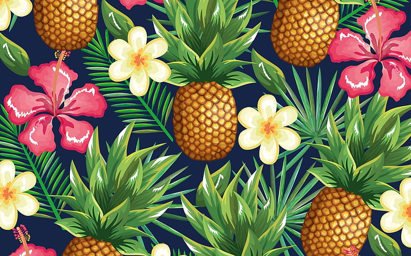 Texture, pattern, exotic, yellow, ananas, leaf, fruit, vara, green, summer, flower, paper, pink, pinapple, HD wallpaper