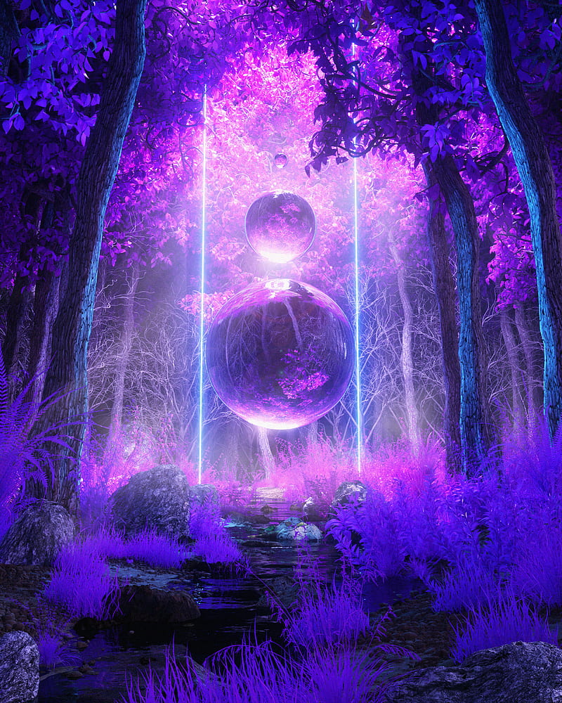 balls, trees, glow, purple, HD phone wallpaper