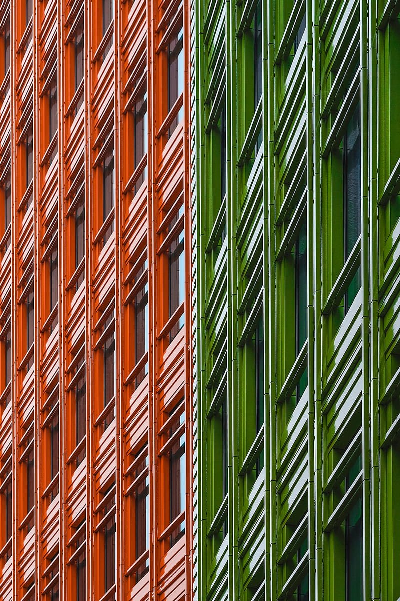 building, facade, minimalism, green, red, HD phone wallpaper