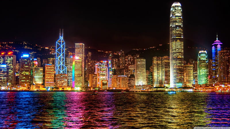 Hong Kong Lights, water, Hong Kong, cityscape, lights, HD wallpaper