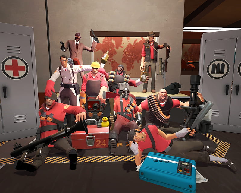 Team Fortress 2 Red Pose (Best Quality), dispeser, team fortress 2, tf2, demoman, medic, team, gmod, sentry, scout, engeerneer, solidier, pyro, fortress, heavy, sandvich, sniper, teamfortress2, HD wallpaper