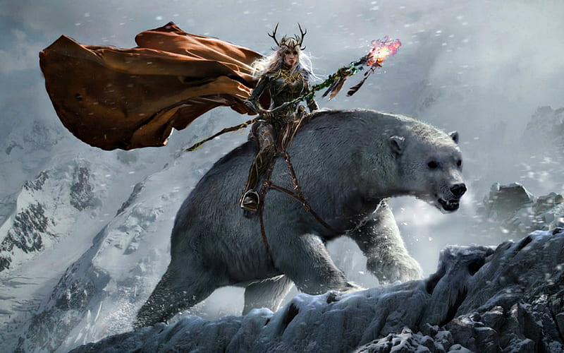 Elven druid, red, art, uncannyknack, fantasy, girl, bear, winter, HD wallpaper