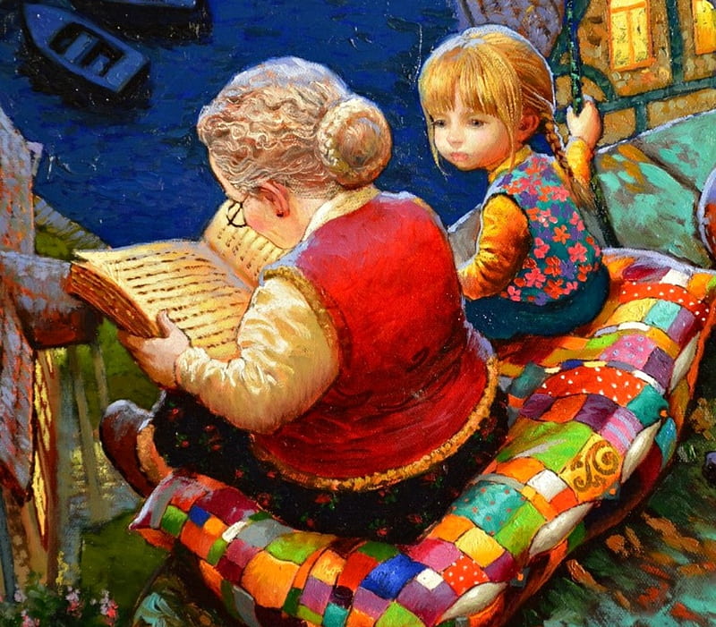Once upon a time..., red, colorful, pillow, luminos, book, grandmother, tale, painting, copil, child, pictura, victor nizovtsev, HD wallpaper