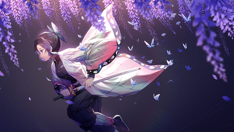 Demon Slayer Shinobu Kochou With Sword Under Purple Flowers With Black Background And Flying Butterflies Anime, HD wallpaper