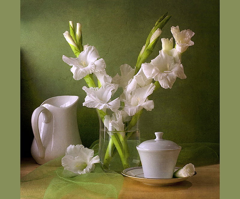 Green & white, green frame, pitcher, white flowers, bowl, HD wallpaper