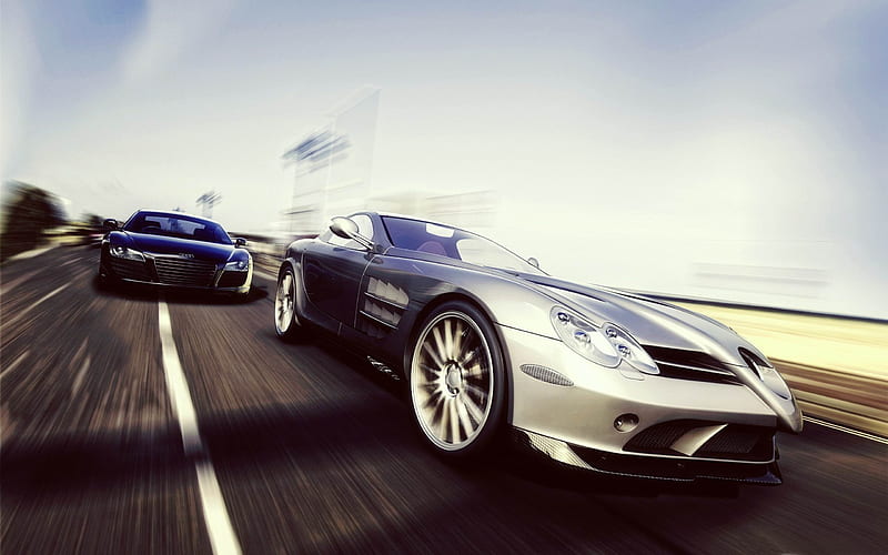 mercedes benz slr vs audi r8-2012 luxury car, HD wallpaper