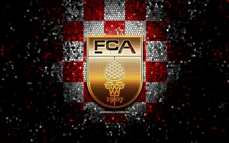 Augsburg FC, glitter logo, Bundesliga, red white checkered background, soccer, FC Augsburg, german football club, Augsburg logo, mosaic art, football, Germany, HD wallpaper