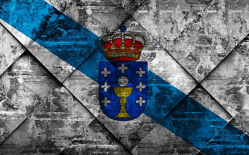 Flag of Galicia, grunge art, rhombus grunge texture, Spanish autonomous community, Galicia flag, Spain, Galicia, Communities of Spain, creative art, HD wallpaper