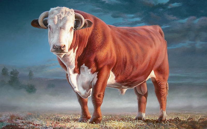 Big Bull, painting, Steer, Cows, bull, animals, HD wallpaper