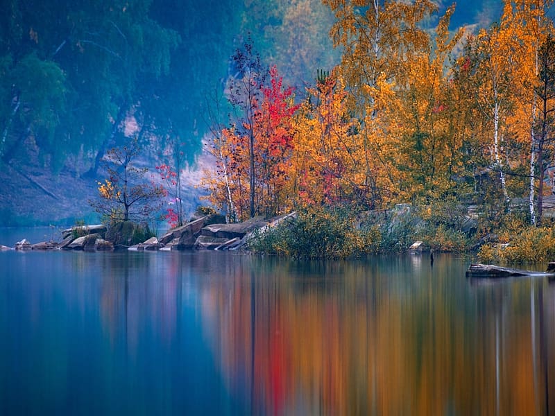 Autumn Lake, fak, Russia, osz, tavak, termeszet, szines falevelek, HD wallpaper