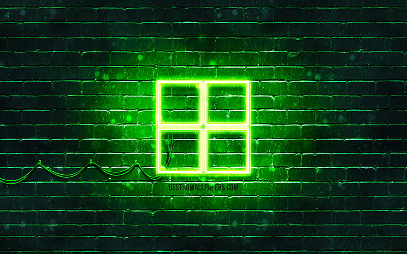 Microsoft green logo green brickwall, Microsoft logo, brands, Microsoft neon logo, Microsoft, HD wallpaper